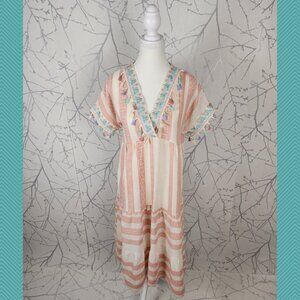 Civico 51 Pink Stripe Tassel V-Neck Tiered Midi Dress